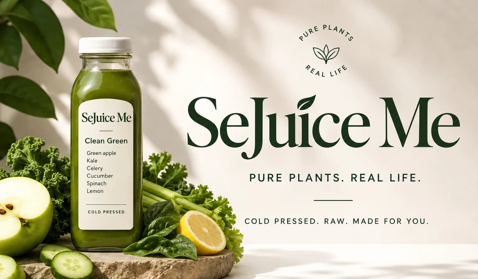SeJuice Me Clean Green bottle mockup — Pure Plants. Real Life.